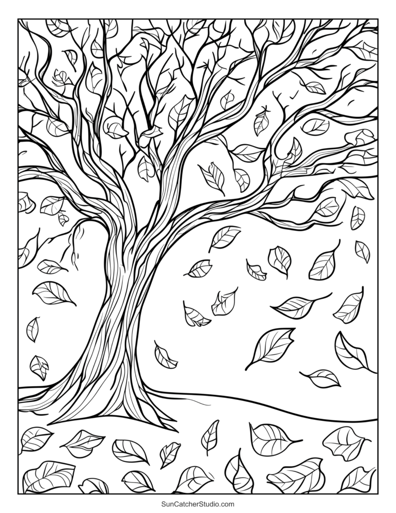 Printable Colouring Pages For Adults Easy featuring a tree with falling leaves for relaxation