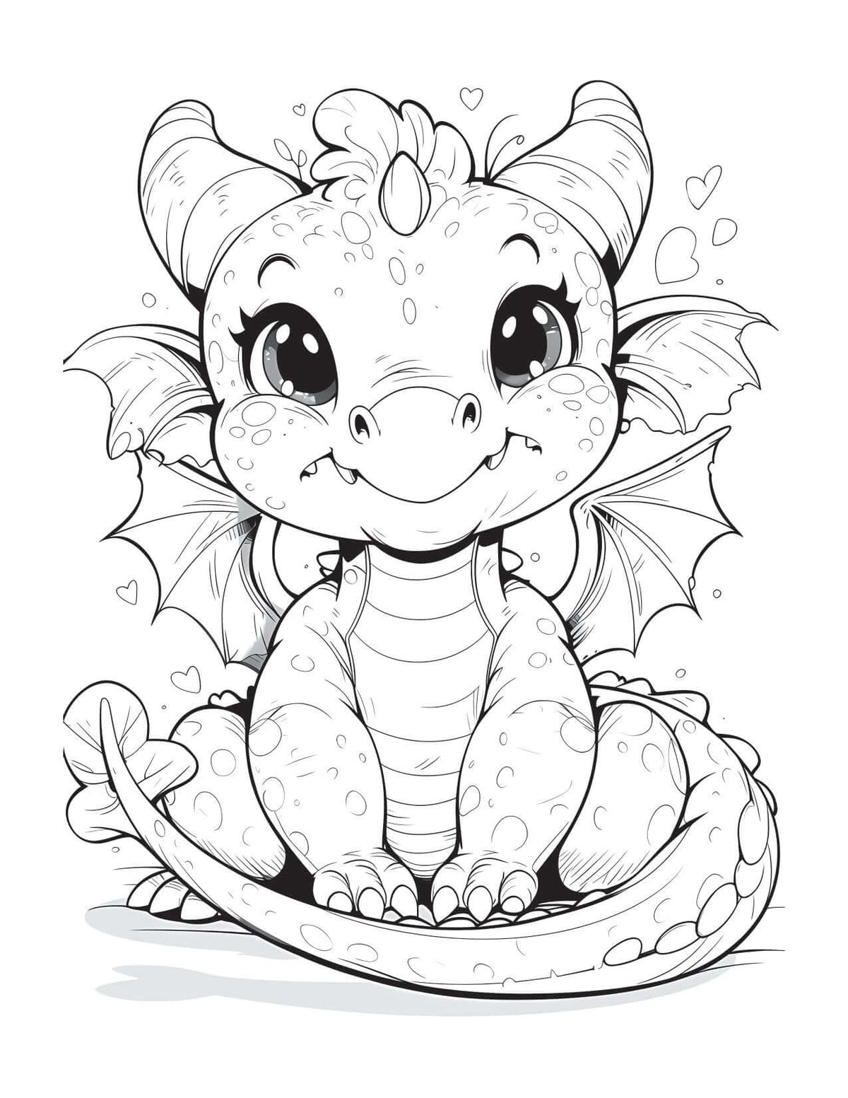 Free printable cute animal coloring pages featuring an adorable dragon character for kids