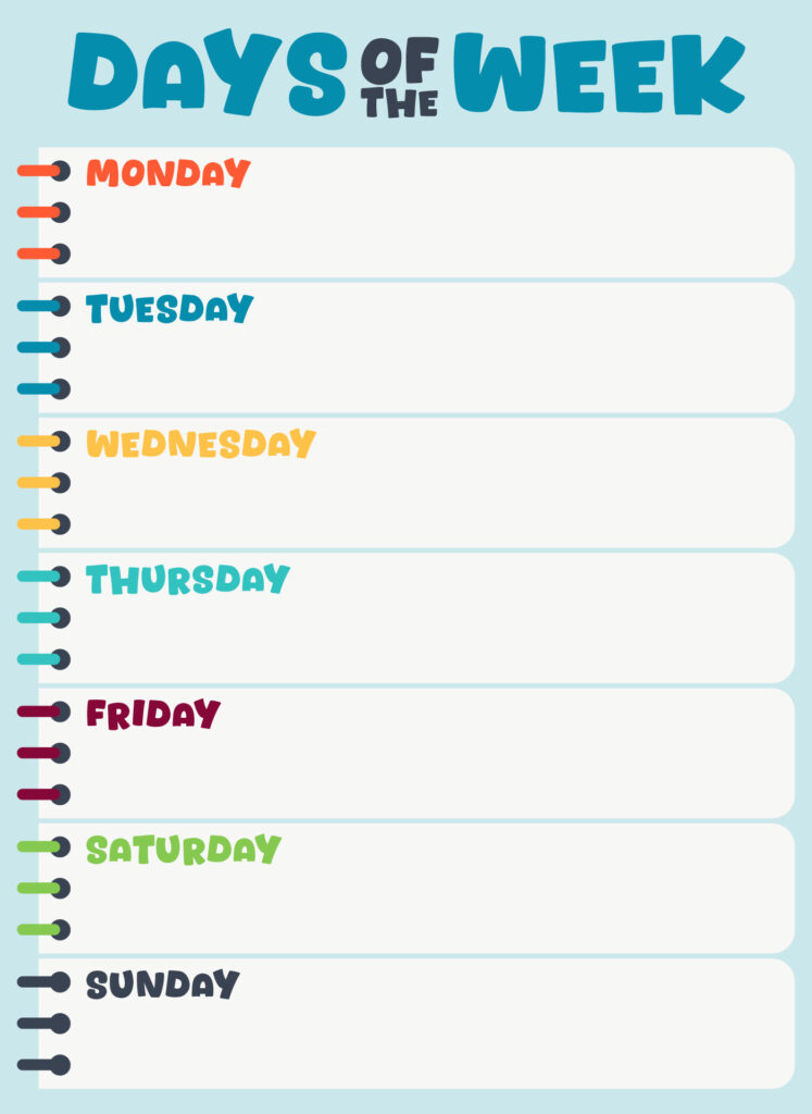 Free printable Days Of The Week Chart featuring a colorful design for easy learning