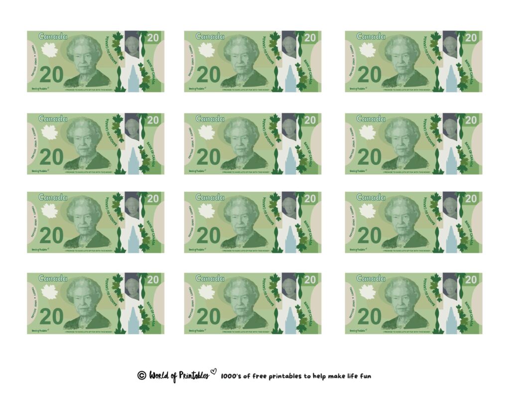 Printable Fake Money For Kids – Fun Play Money Template Colorful printable fake money for kids featuring Canadian $20 bills