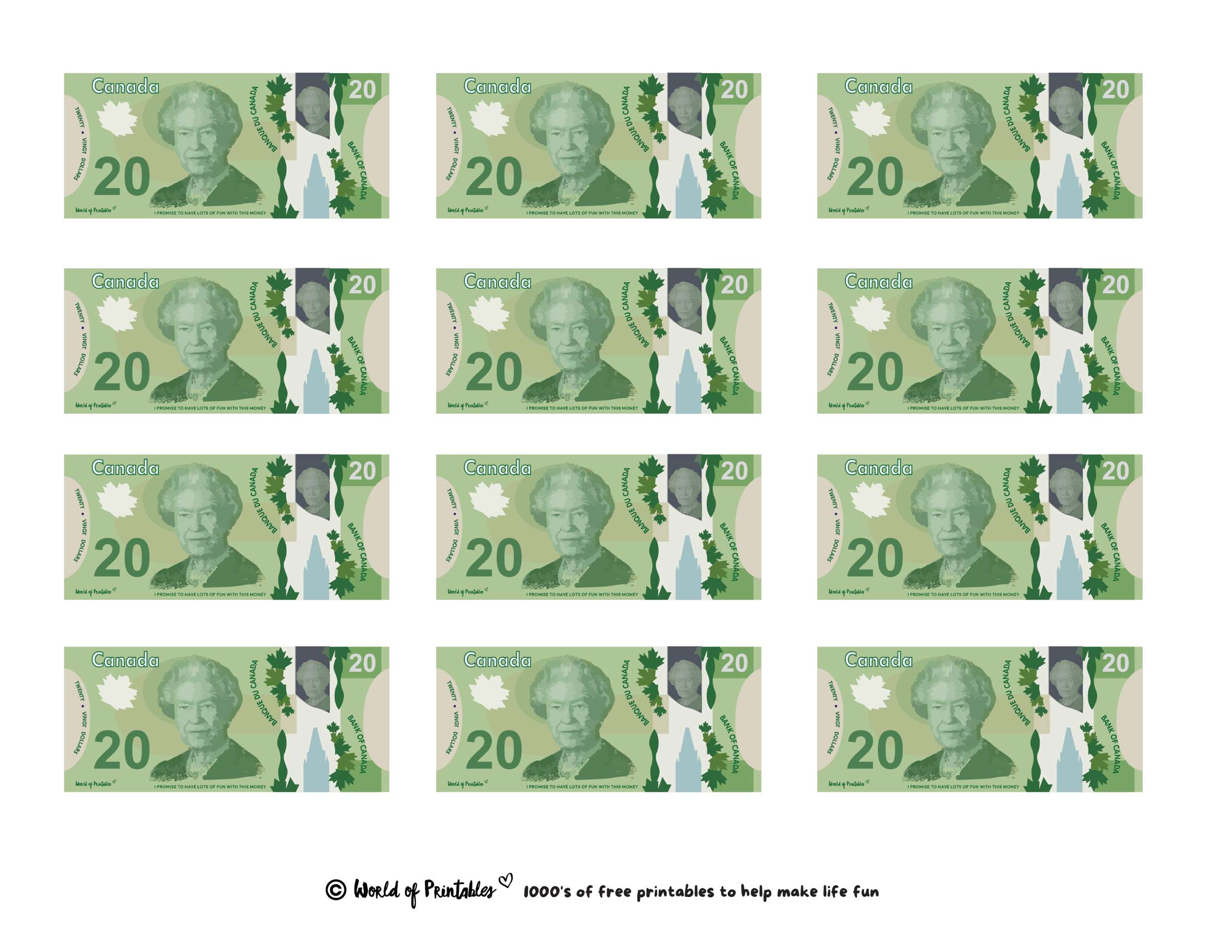 Colorful printable fake money for kids featuring Canadian $20 bills