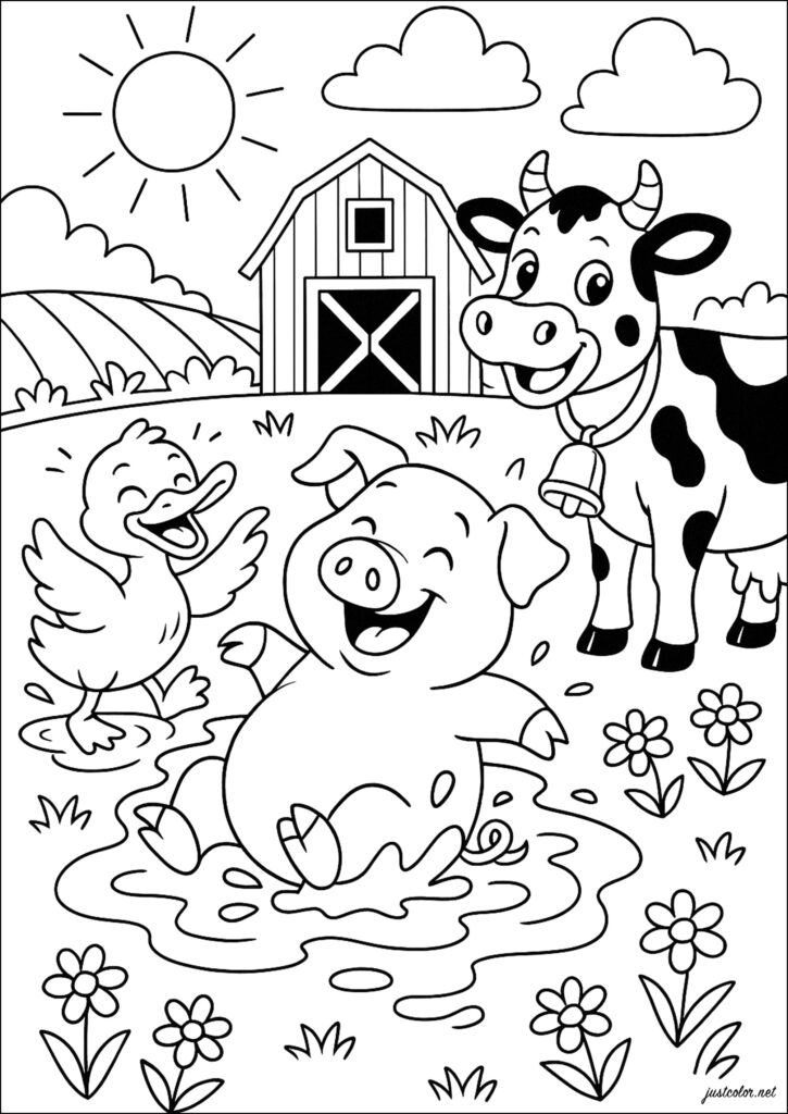 Printable Farm Animals Coloring Pages featuring a pig, cow, and duck Fun Printable Farm Animals Coloring Pages with a happy pig, cow, and duck in a sunny farm scene