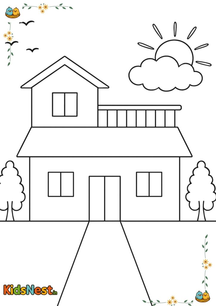 Printable Home Coloring Page – Free Template Free printable home coloring page with a sunny landscape for kids