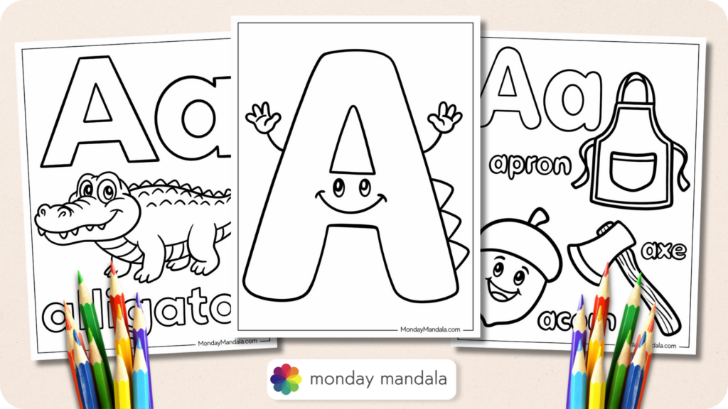 Fun Printable Letter A Coloring Pages featuring a smiling letter A and various objects