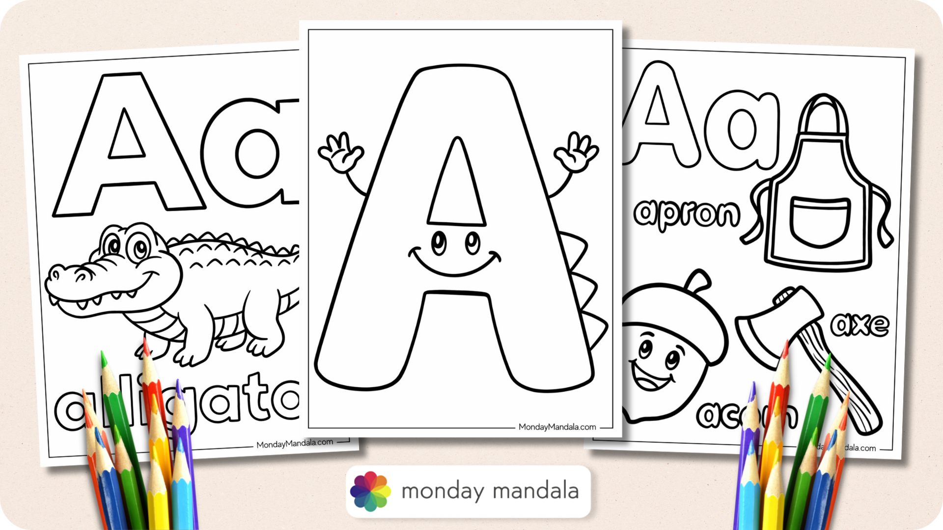 Fun Printable Letter A Coloring Pages featuring a smiling letter A and various objects