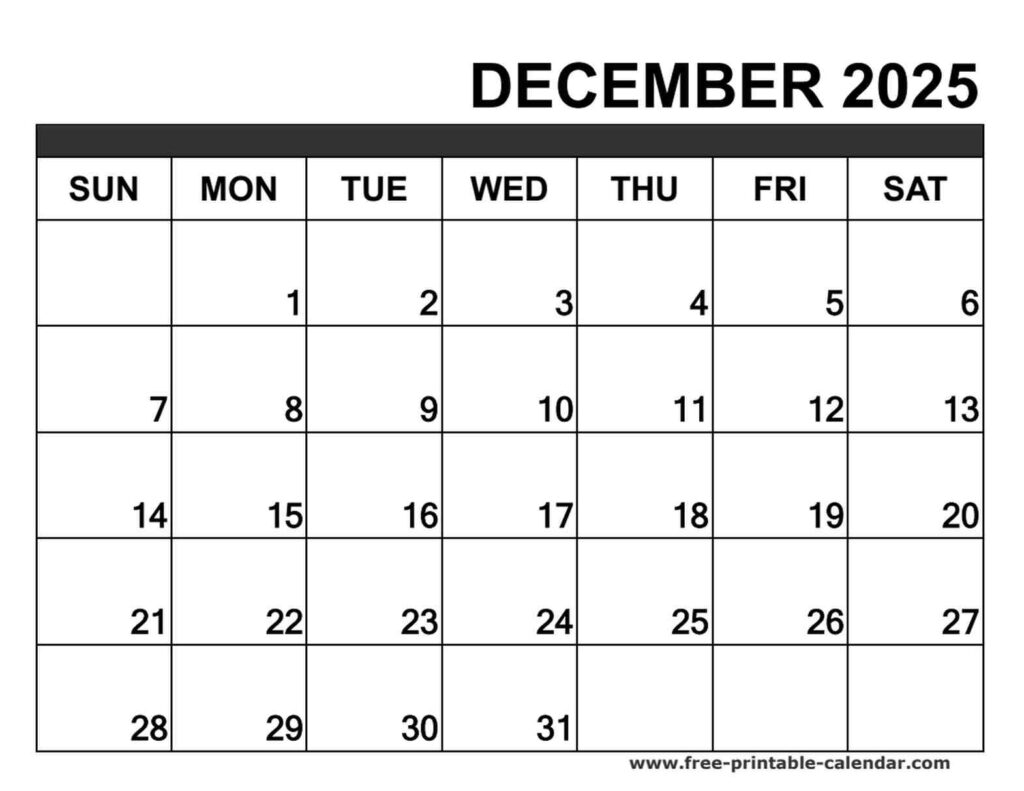 Printable Monthly Calendar December 2025 Free Printable Monthly Calendar December 2025 Free