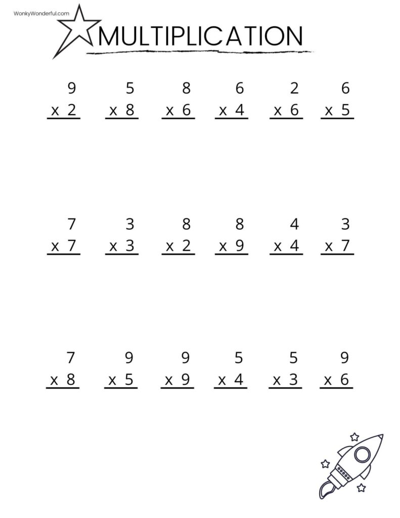 Printable multiplication worksheet featuring various multiplication problems
