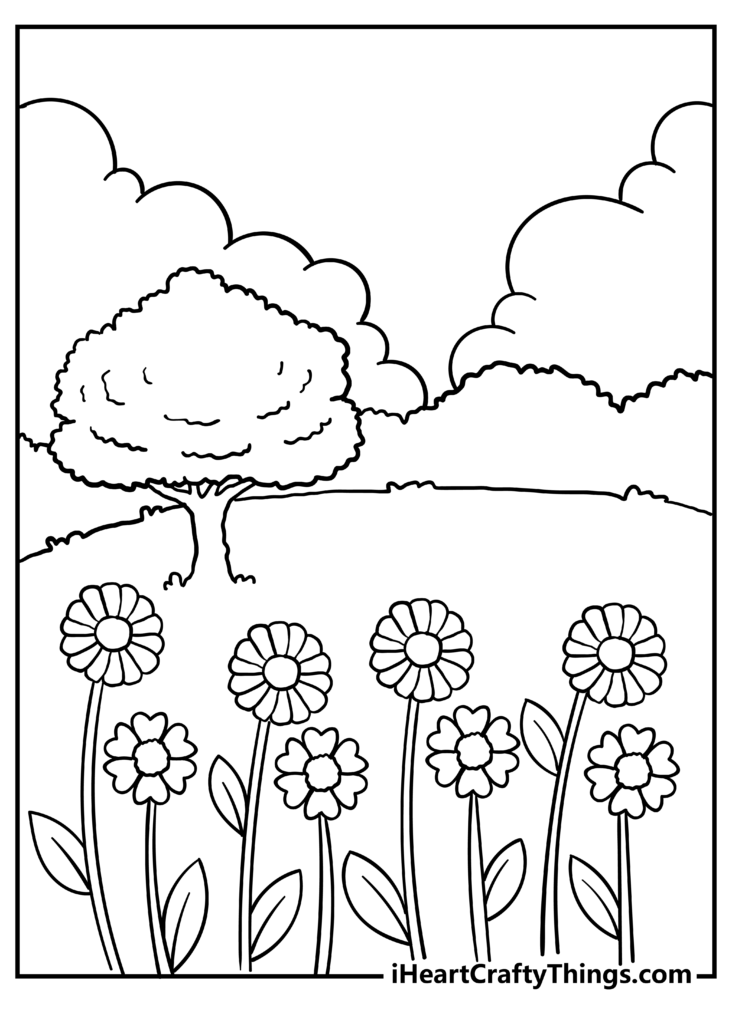 Printable Nature Pictures To Color – Beautiful Landscape with Flowers Free printable nature pictures to color featuring a landscape with flowers and a tree