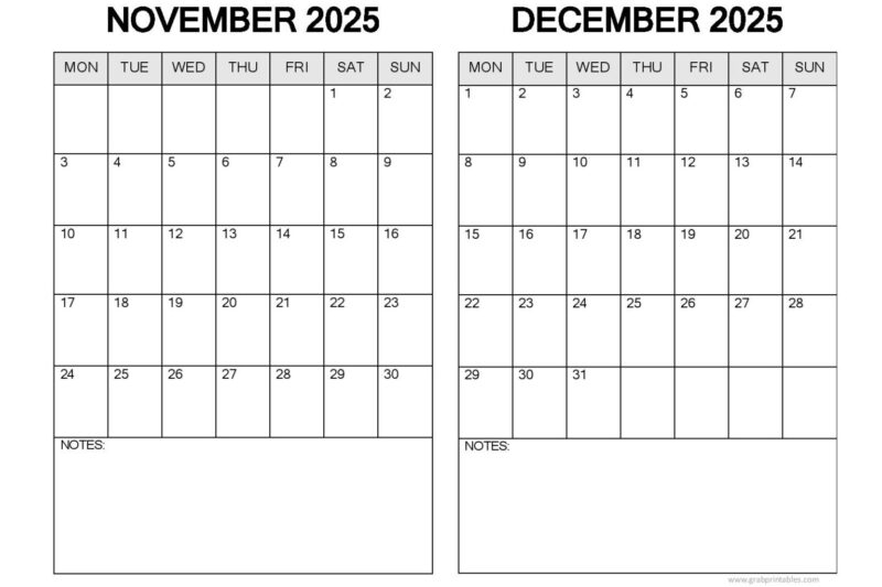 Printable November And December 2025 Calendar