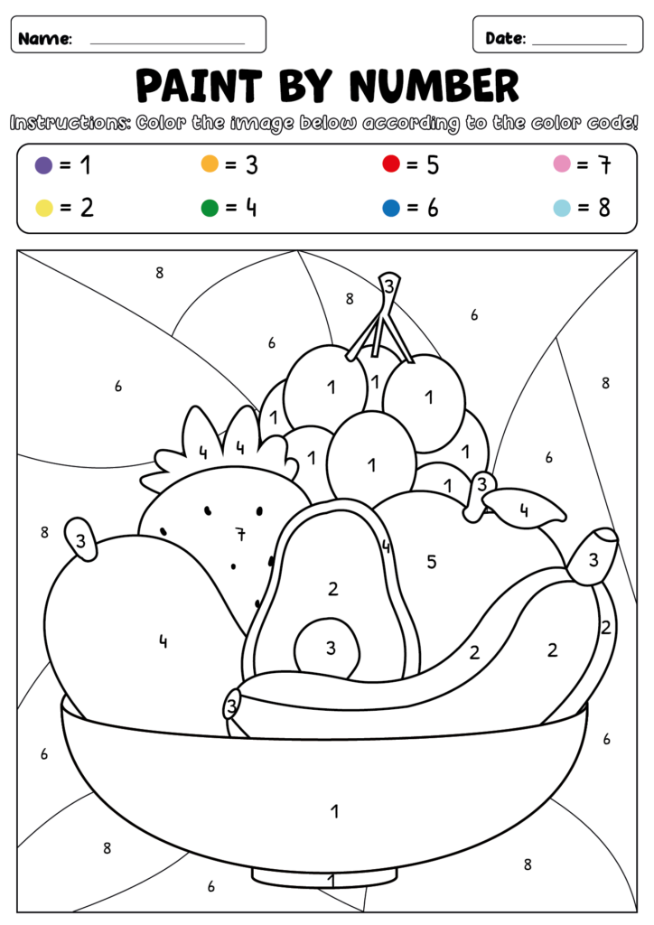 Printable Paint By Number Pages – Fruit Bowl Design Printable Paint By Number Pages featuring a fruit bowl with numbered sections for coloring