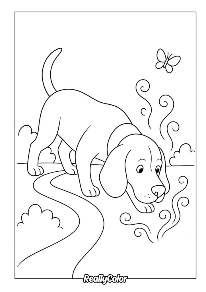 Printable Pictures To Color Of Dogs - Free printable picture of a playful dog exploring a path, perfect for coloring