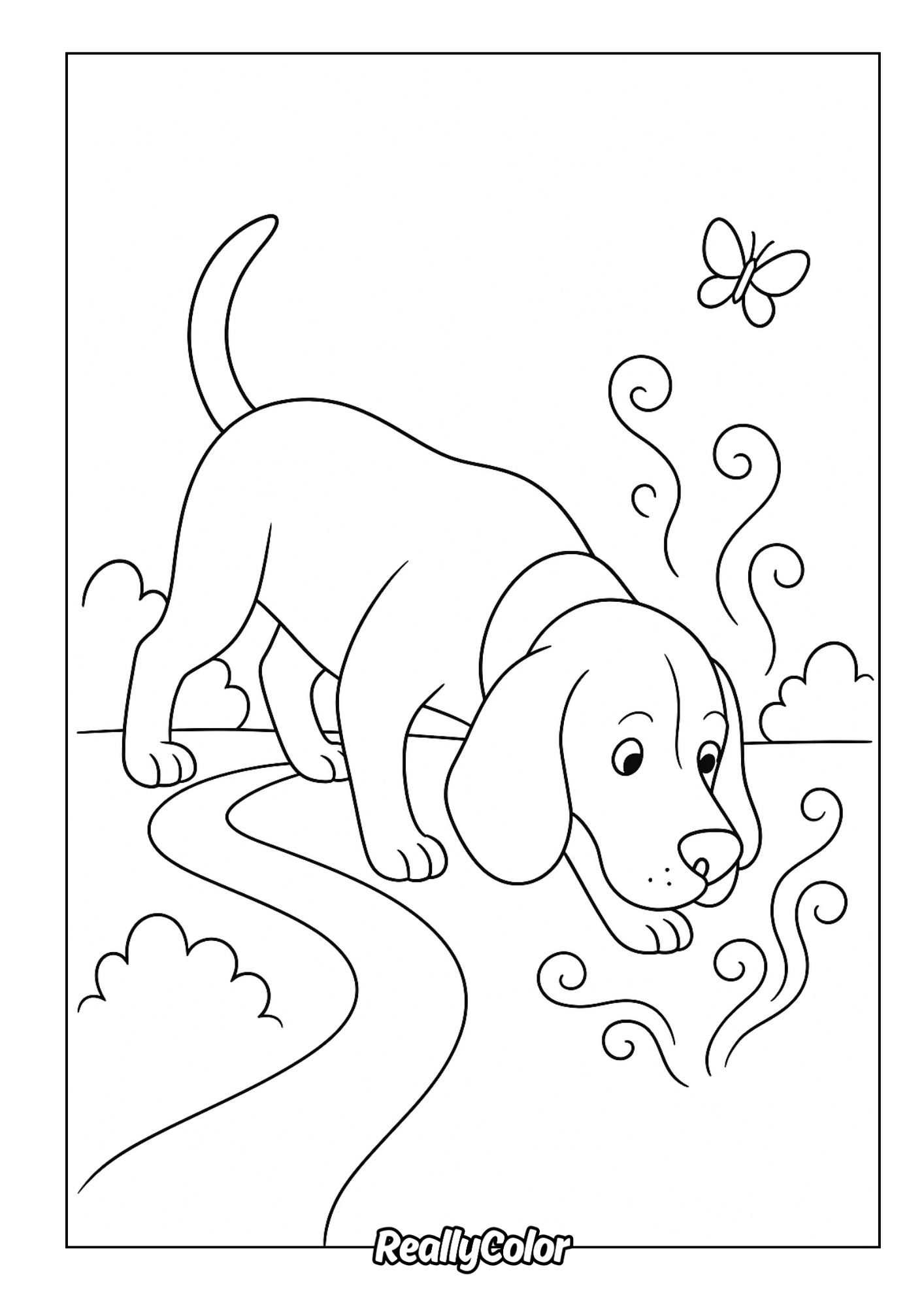Printable Pictures To Color Of Dogs - Free printable picture of a playful dog exploring a path, perfect for coloring