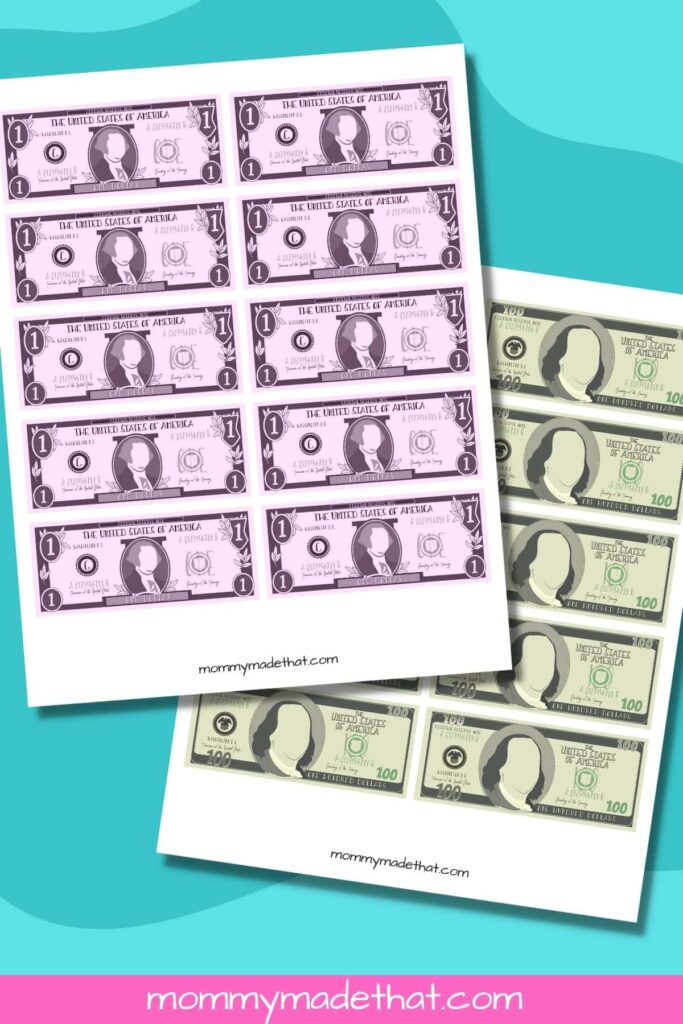 Printable Play Money – Fun $1 and $100 Bill Templates Printable play money showing $1 and $100 bills for kids' activities
