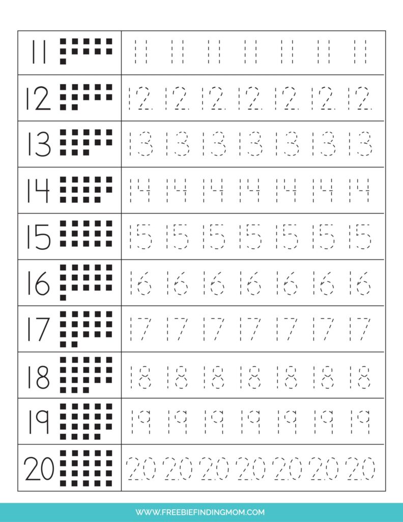 Printable Tracing Numbers Worksheets 1 to 20