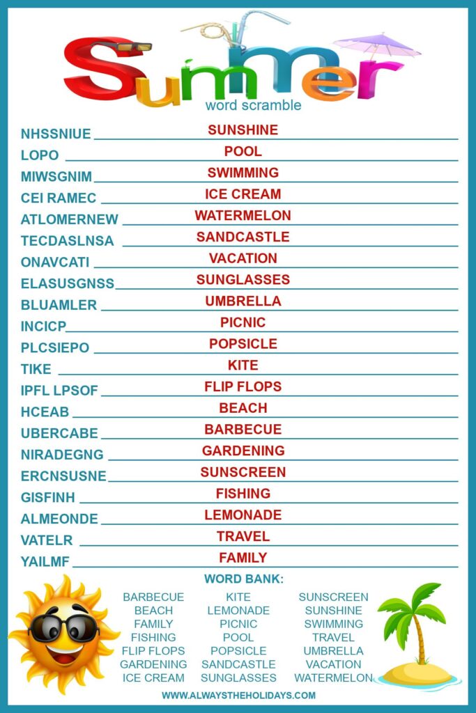 Printable Word Scramble With Answers - Summer Word Scramble with Answers - Free Printable for Kids