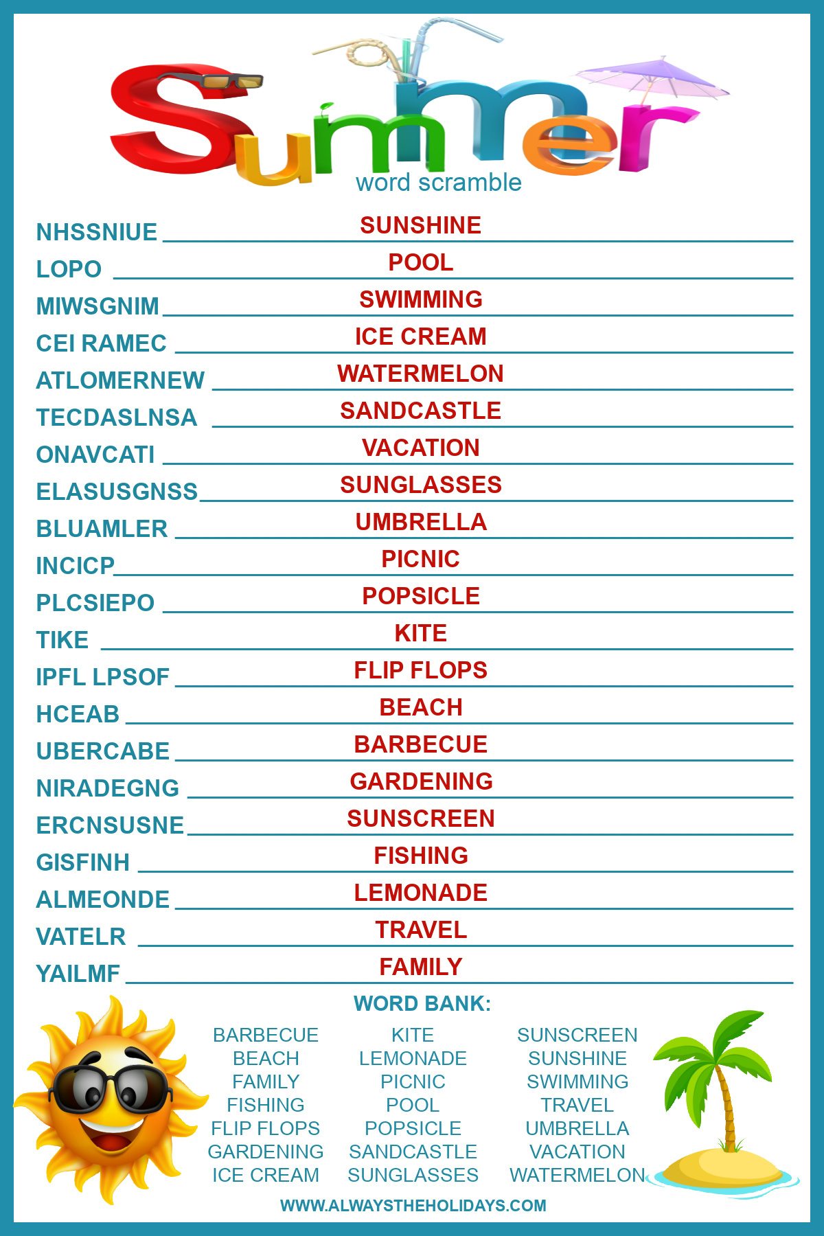 Printable Word Scramble With Answers - Summer Word Scramble with Answers - Free Printable for Kids
