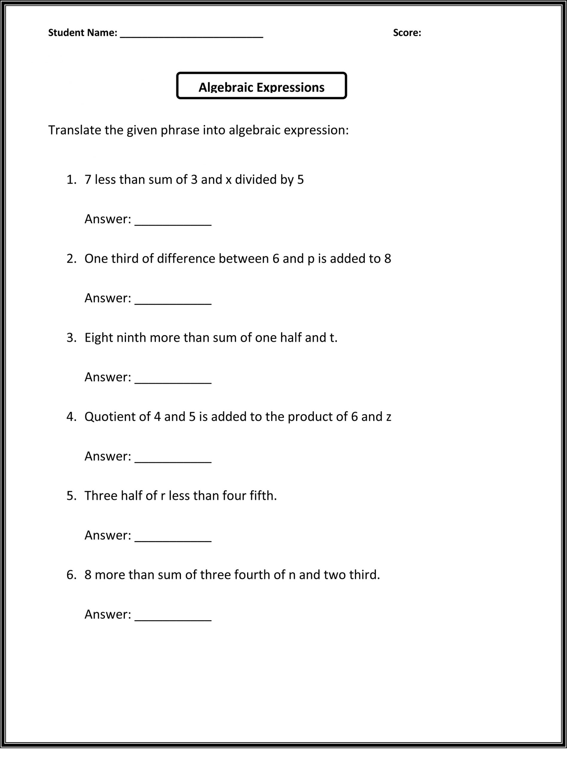 Free printable worksheets for 6th graders focusing on algebraic expressions and problem-solving