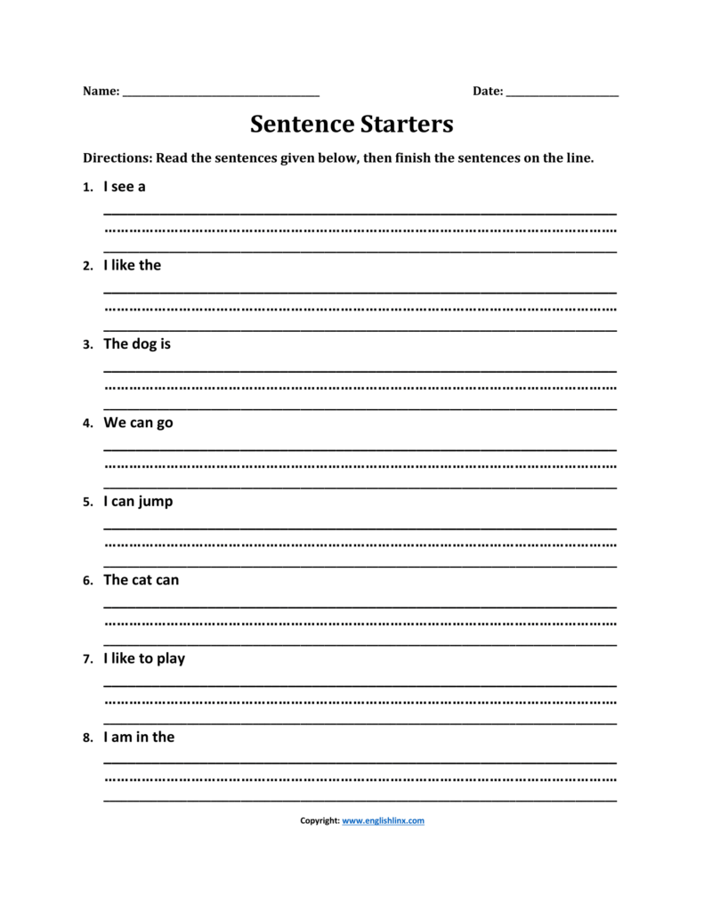 Printable Writing Worksheets For Kindergarten – Sentence Starters Free Printable Writing Worksheets For Kindergarten featuring sentence starters for young learners