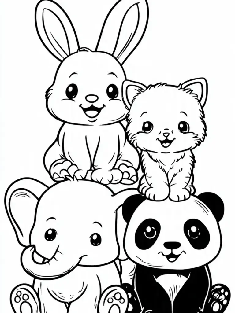 Cute Animal Coloring Pages – Fun Printable Templates Coloring page featuring a stack of cute animals including a bunny, kitten, elephant, and panda