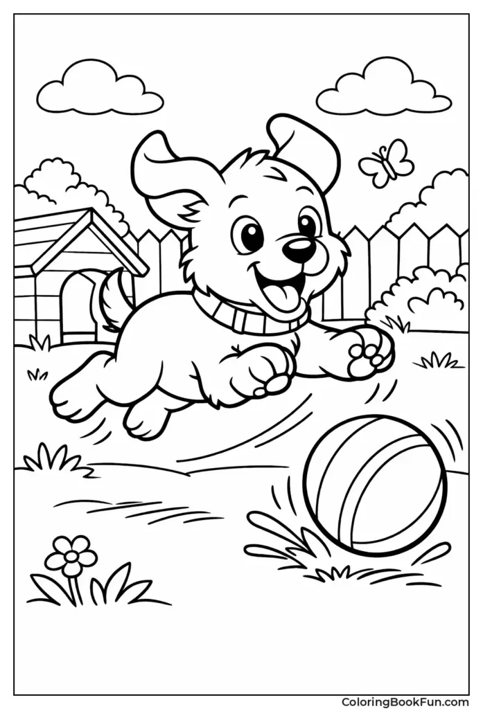 Playful Puppy Coloring Page – Free Printable Playful puppy running after a ball in a backyard setting