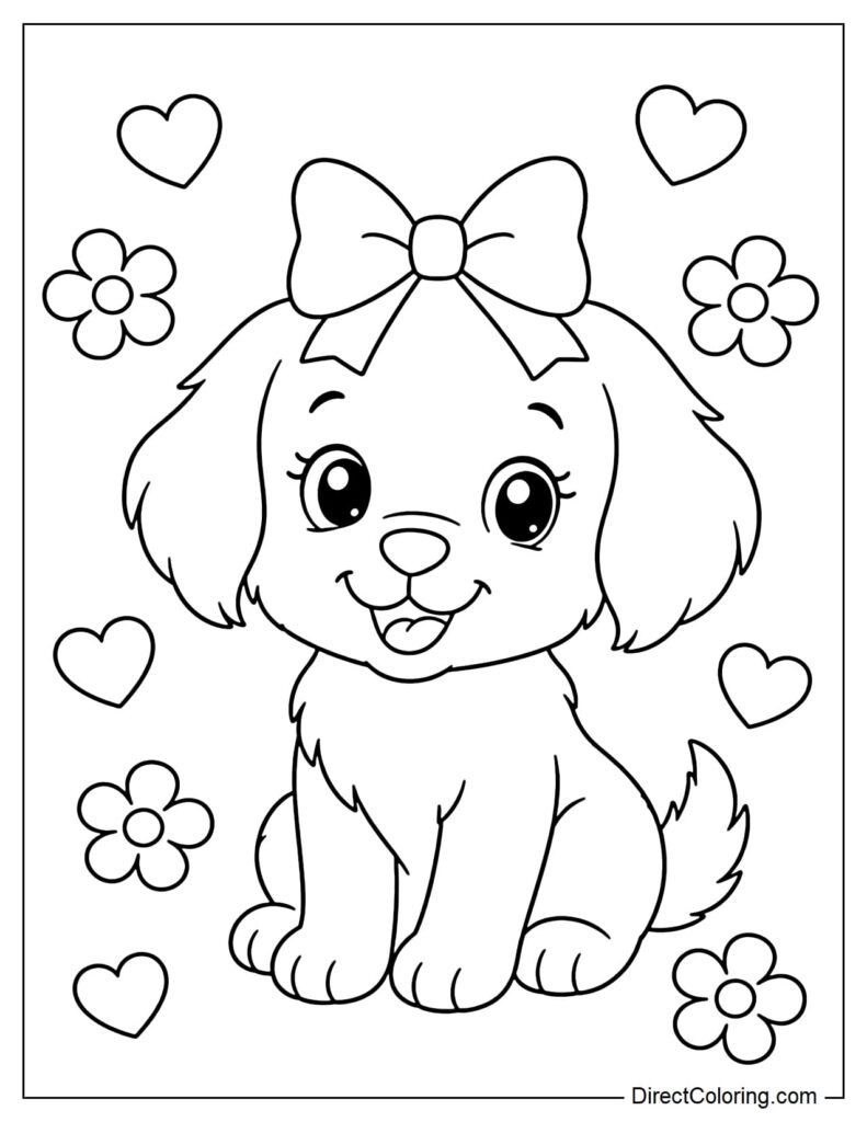 Free printable puppy pictures to print and color showing a playful puppy with a bow