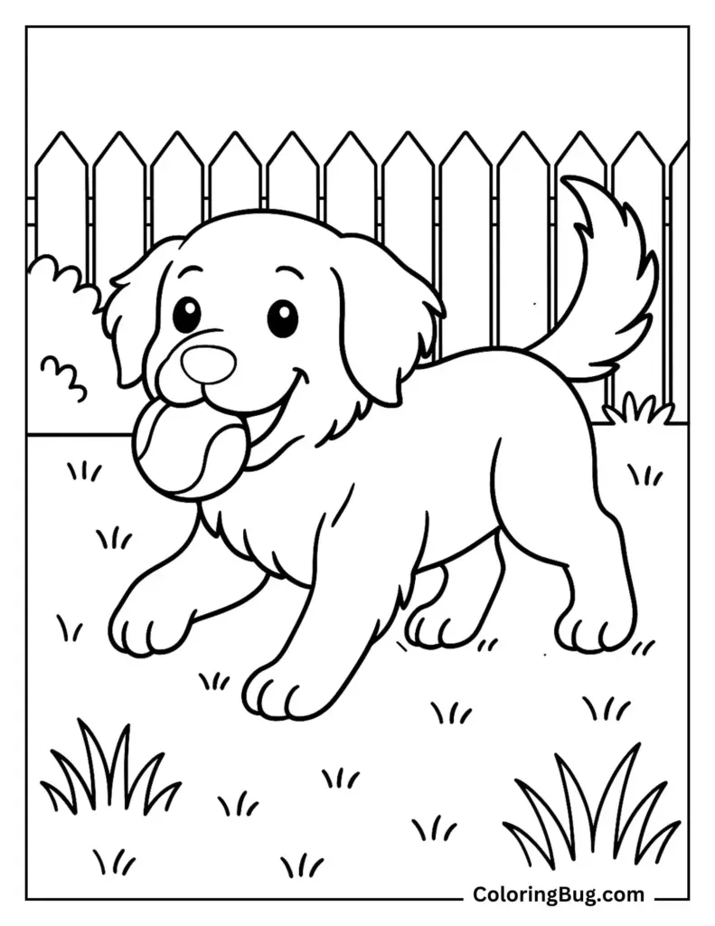 Puppy Coloring Pages – Fun Printable for Kids Playful puppy coloring page showing a dog playing with a ball in a yard