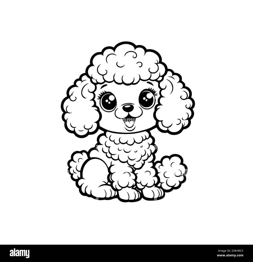 Puppy Coloring Pages for Kids – Fluffy Poodle Printable puppy coloring page for kids showcasing a fluffy poodle