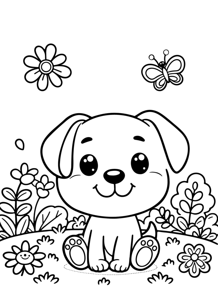 Puppy Coloring Pages Printable Free – Cute Puppy in a Garden Adorable puppy sitting in a garden with flowers and a butterfly - Puppy Coloring Pages Printable Free