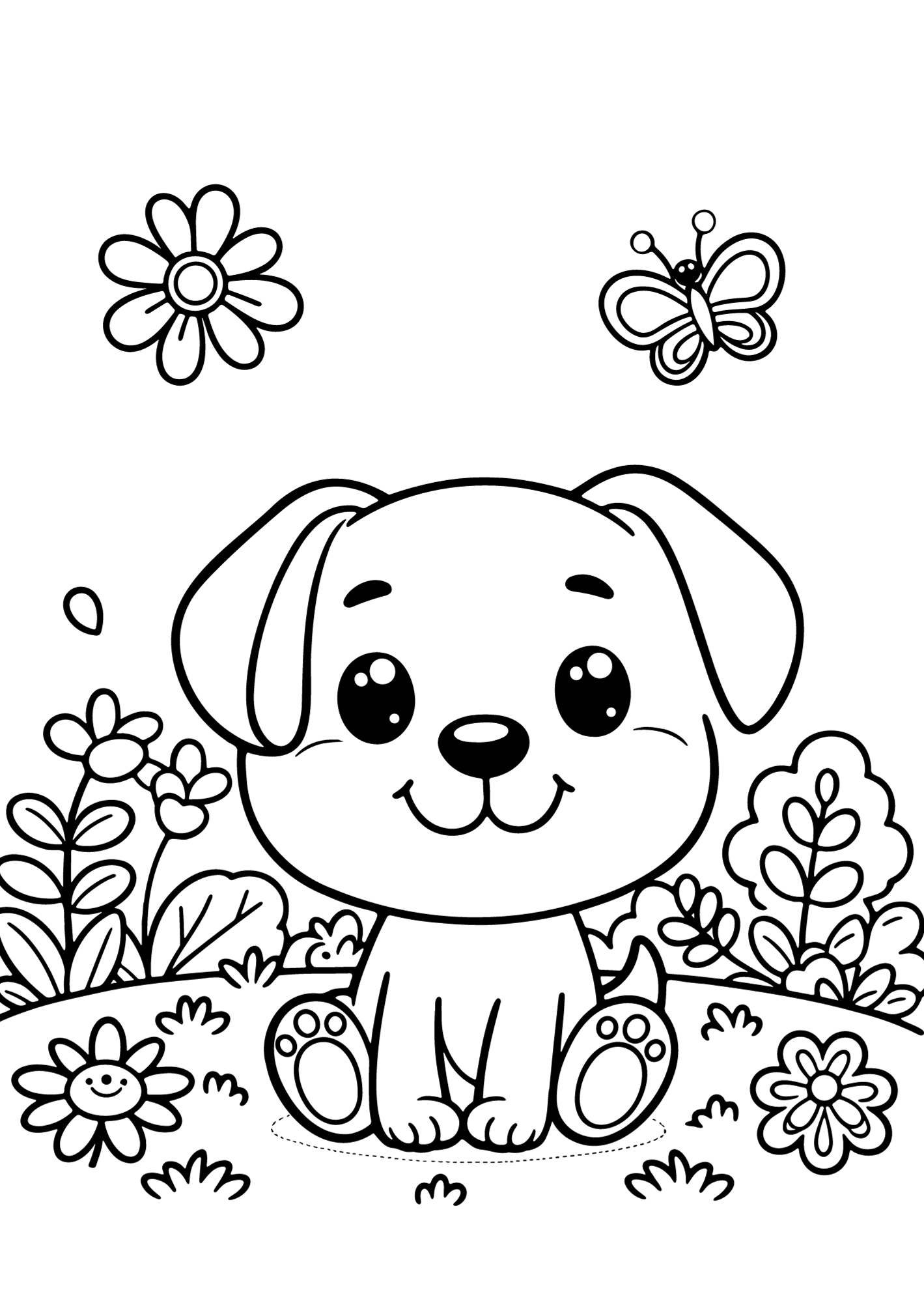 Adorable puppy sitting in a garden with flowers and a butterfly - Puppy Coloring Pages Printable Free