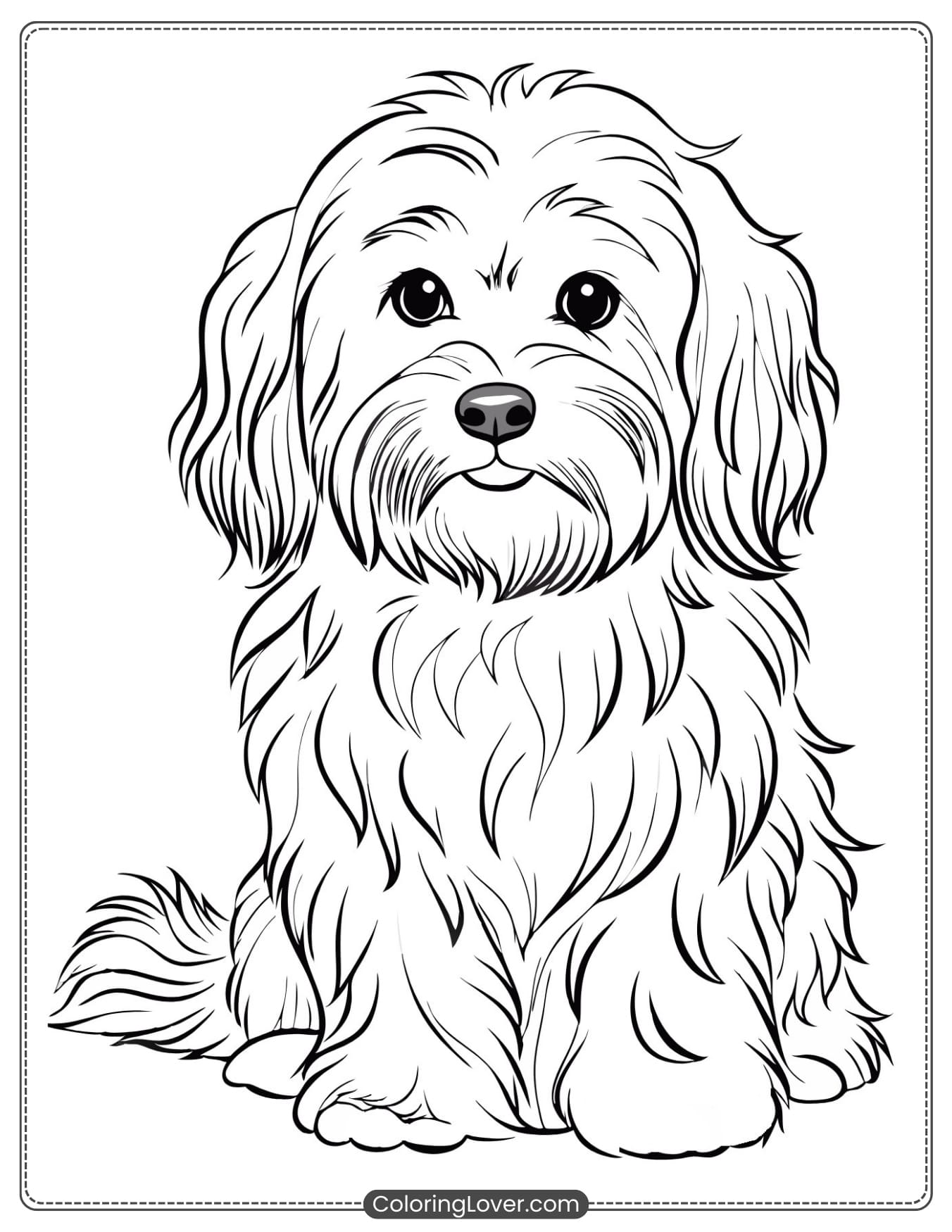 Free printable puppy pictures to print and color featuring a fluffy dog sitting cutely
