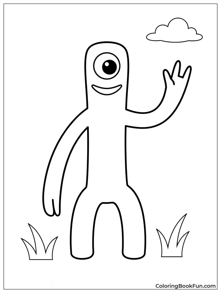 Rainbow Friends Coloring Page – Fun Printable Template Coloring page of a friendly character waving with a cloud and grass