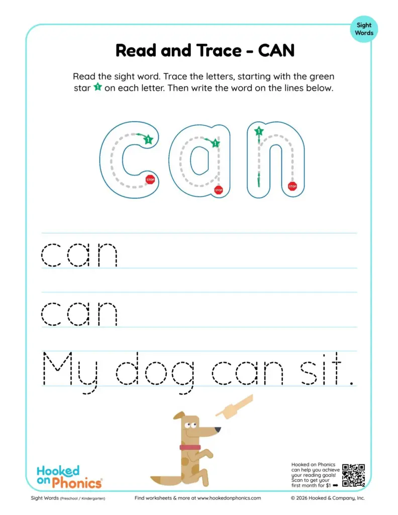 Free printable Reading For Pre K Worksheets featuring a read and trace activity for the word 'can'
