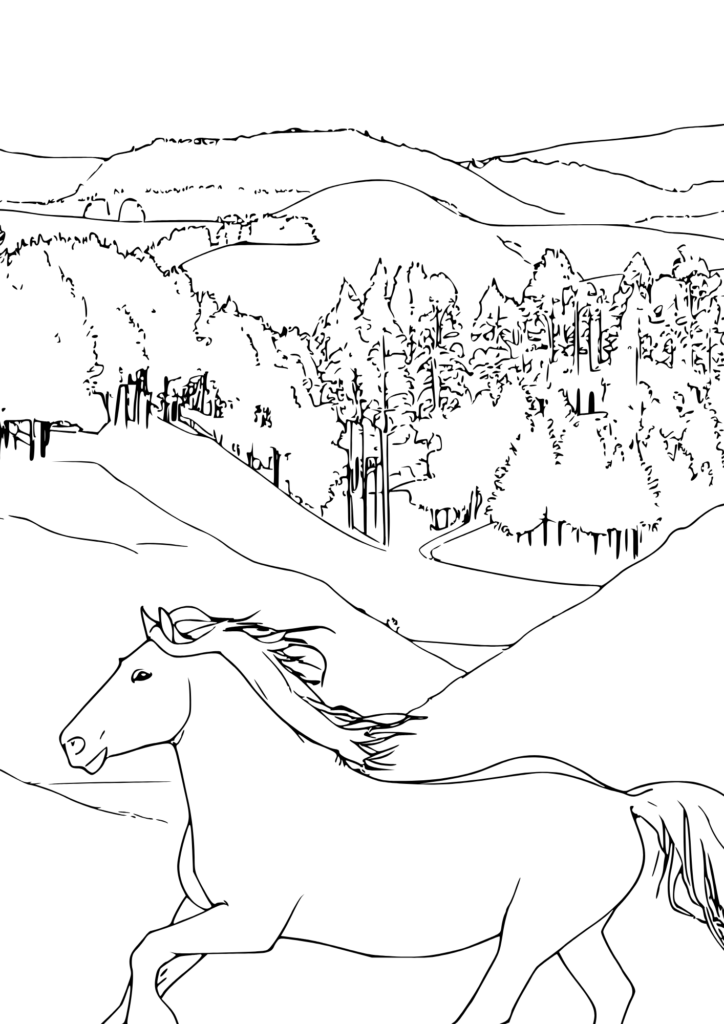 Coloring page of a horse galloping through a scenic landscape
