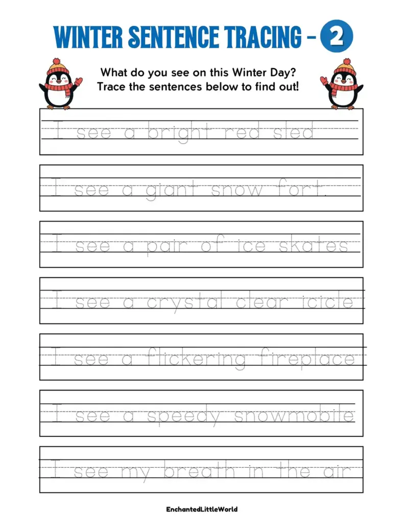 Winter Sentence Tracing Worksheet for Kids Free printable winter sentence tracing worksheet with fun prompts