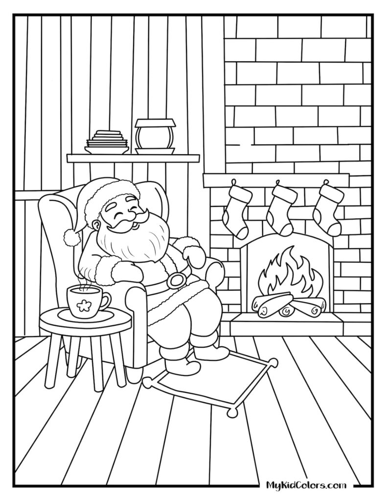 Cozy Santa Claus Colouring Page for Kids Santa Claus relaxing by the fireplace in a cozy colouring page