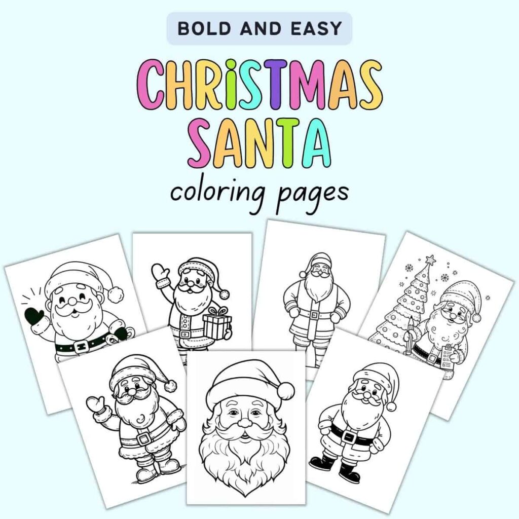 Collection of Santa Claus coloring pages printable for kids featuring various Santa designs