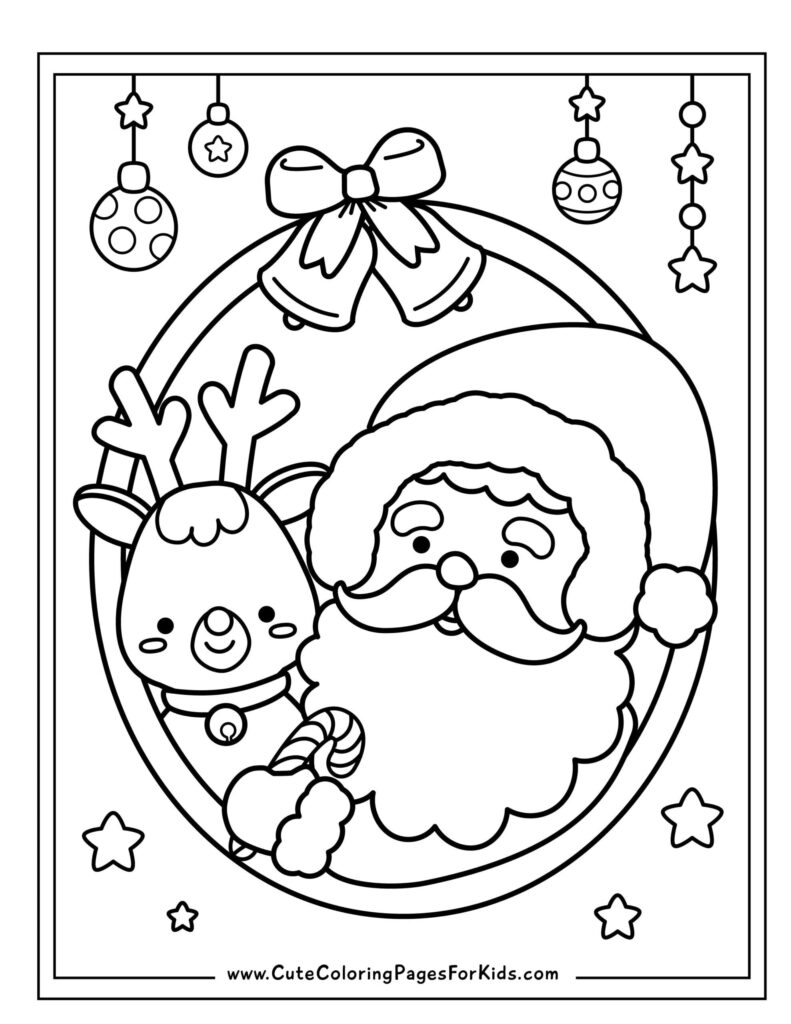 Santa Claus Colouring Pages Printable – Fun Holiday Activity Santa Claus Colouring Pages Printable featuring Santa with a reindeer and festive decorations
