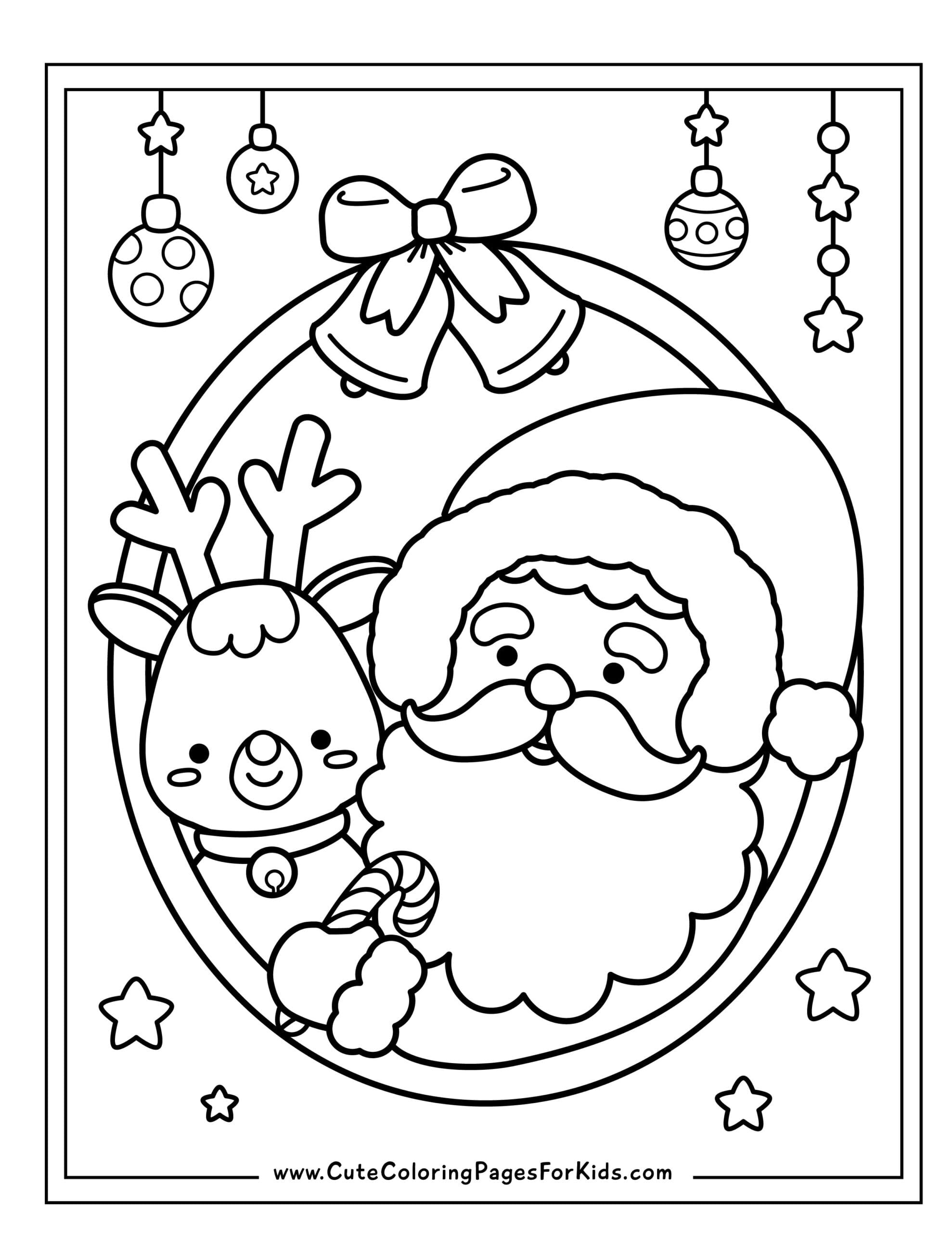 Santa Claus Colouring Pages Printable featuring Santa with a reindeer and festive decorations