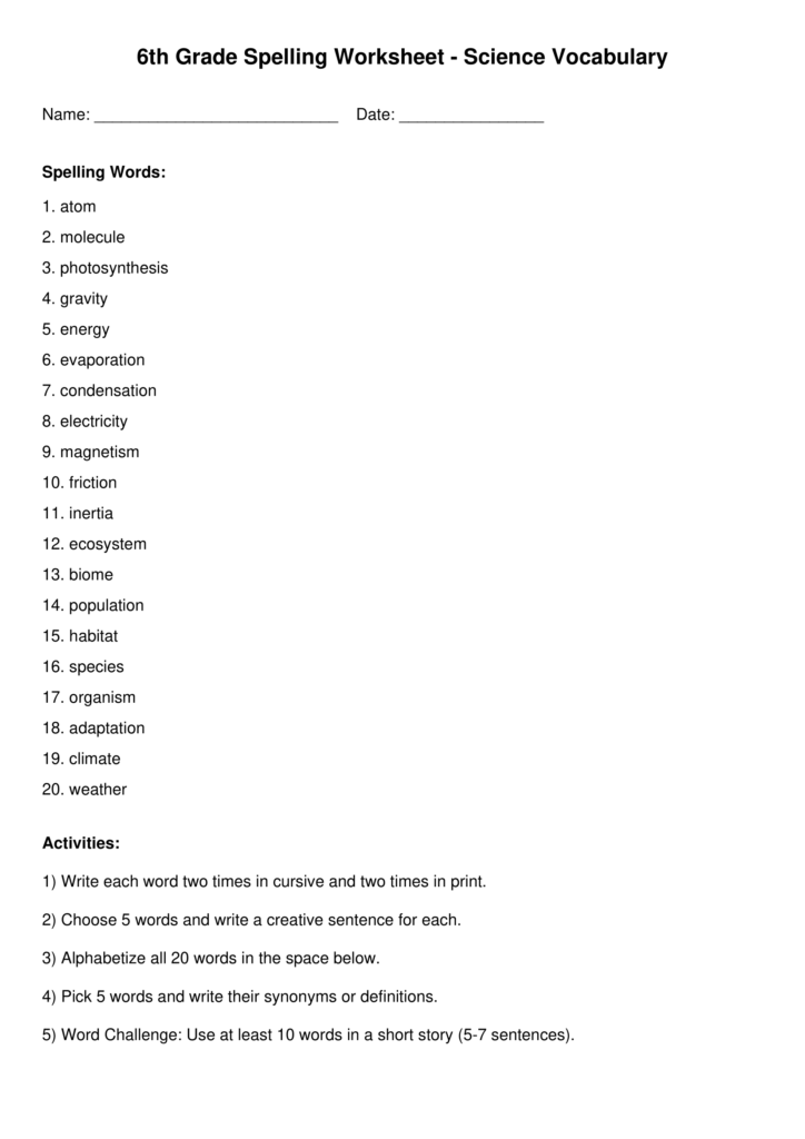 6th Grade Science Vocabulary Worksheet Printable vocabulary worksheet for 6th grade science terms