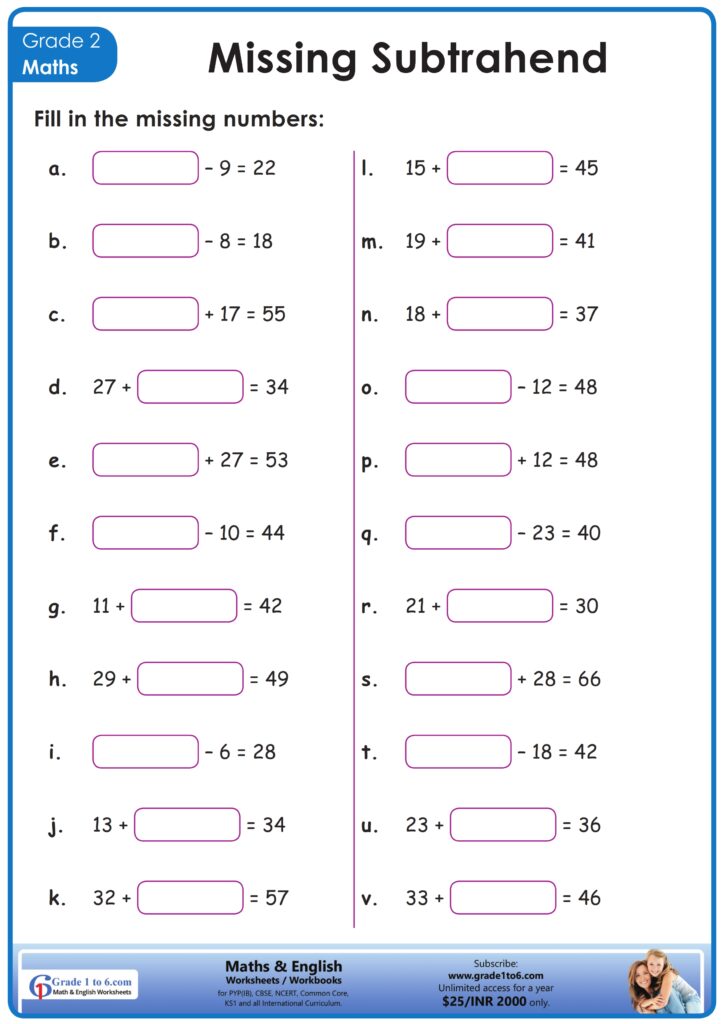 Worksheet for second grade focusing on missing subtrahend in subtraction problems