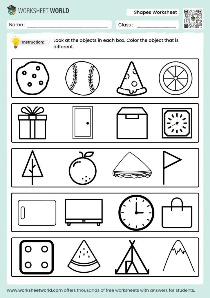 Shapes worksheet for UKG with objects to color and identify differences