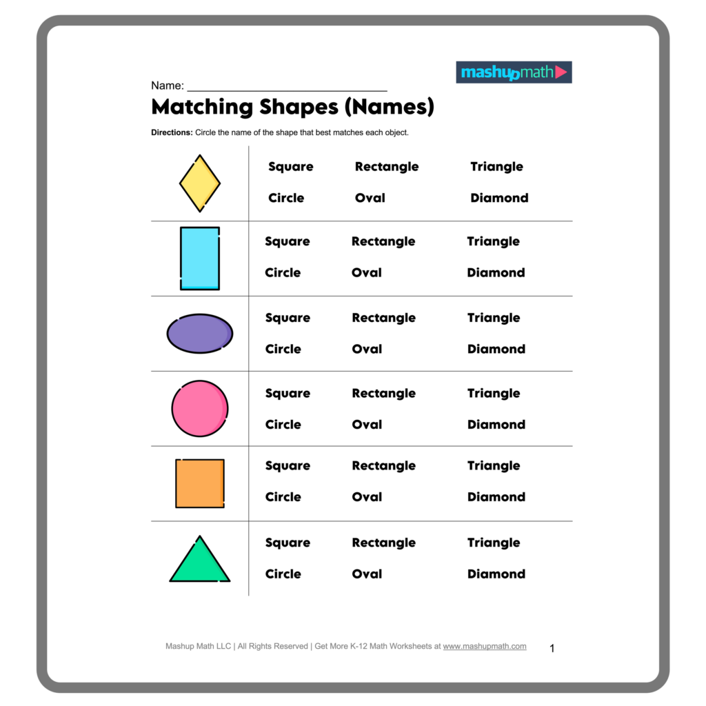 Shapes worksheets featuring a matching activity for identifying shapes