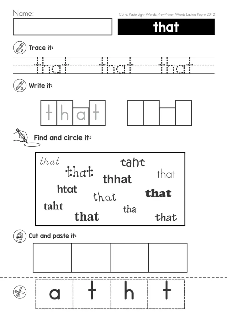 Cut and Paste Sight Words Center Activity for Pre Primer Cut and paste activity for sight words with tracing and writing exercises for early learners