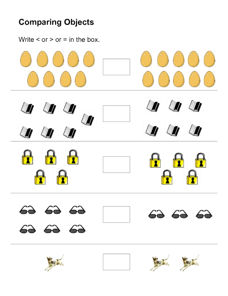 Printable worksheet comparing objects with simple math exercises for kids