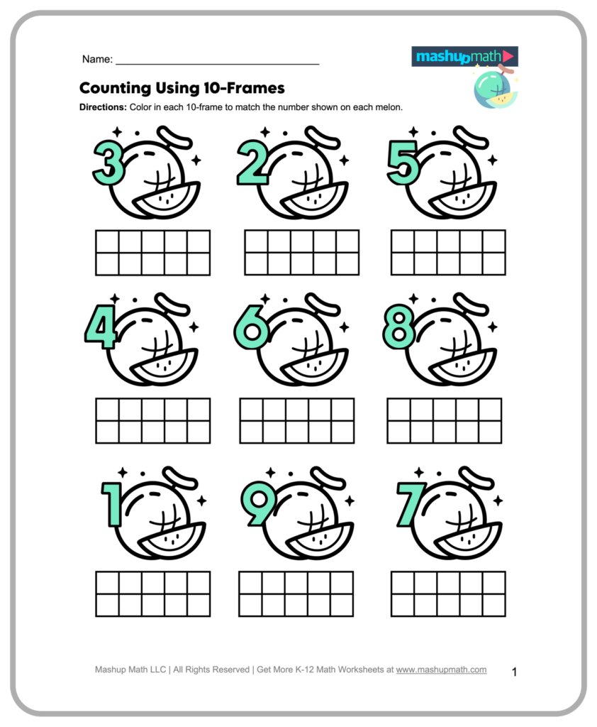 Free printable Simple Math For Kindergarten Worksheets featuring counting using 10-frames