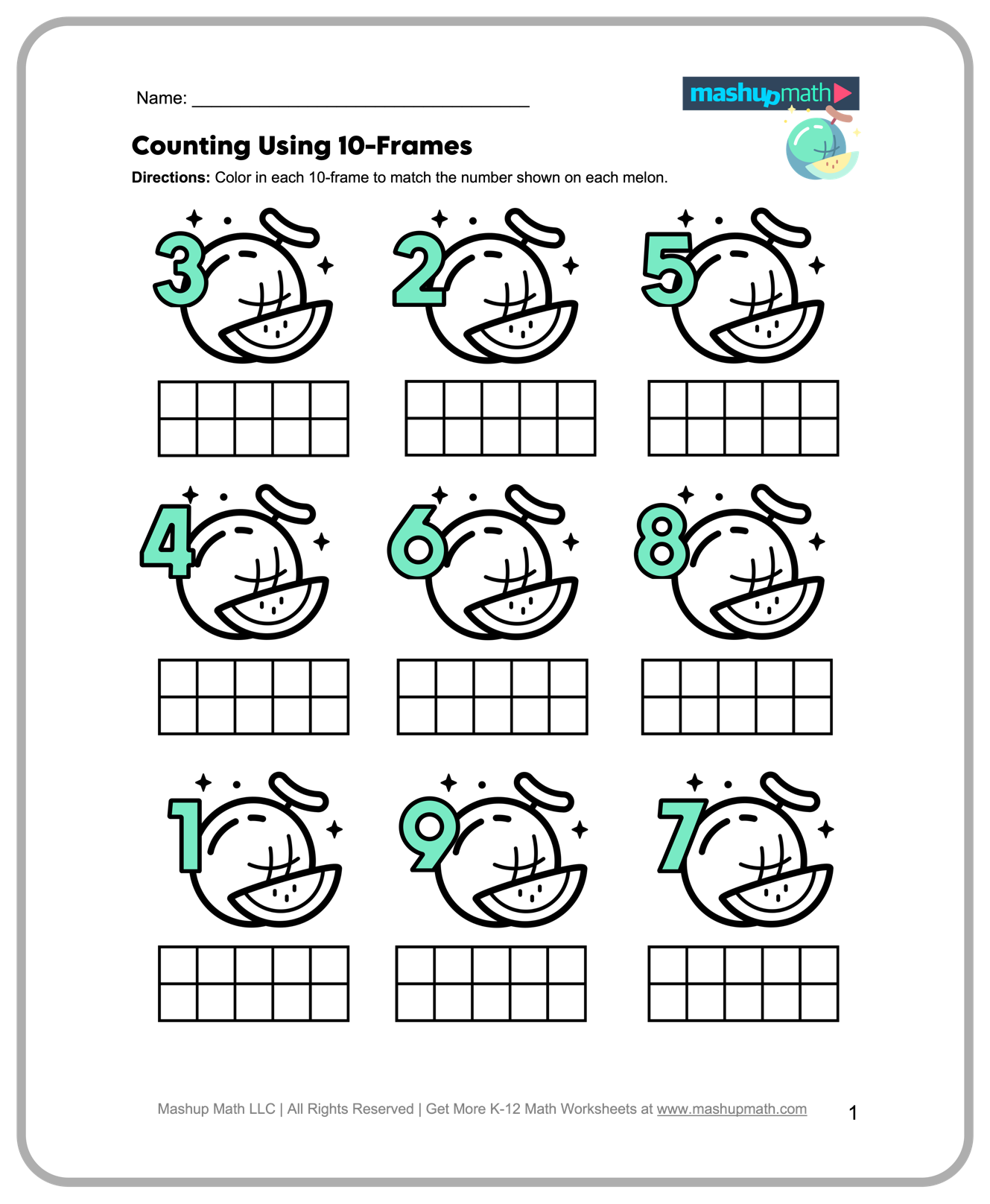 Free printable Simple Math For Kindergarten Worksheets featuring counting using 10-frames