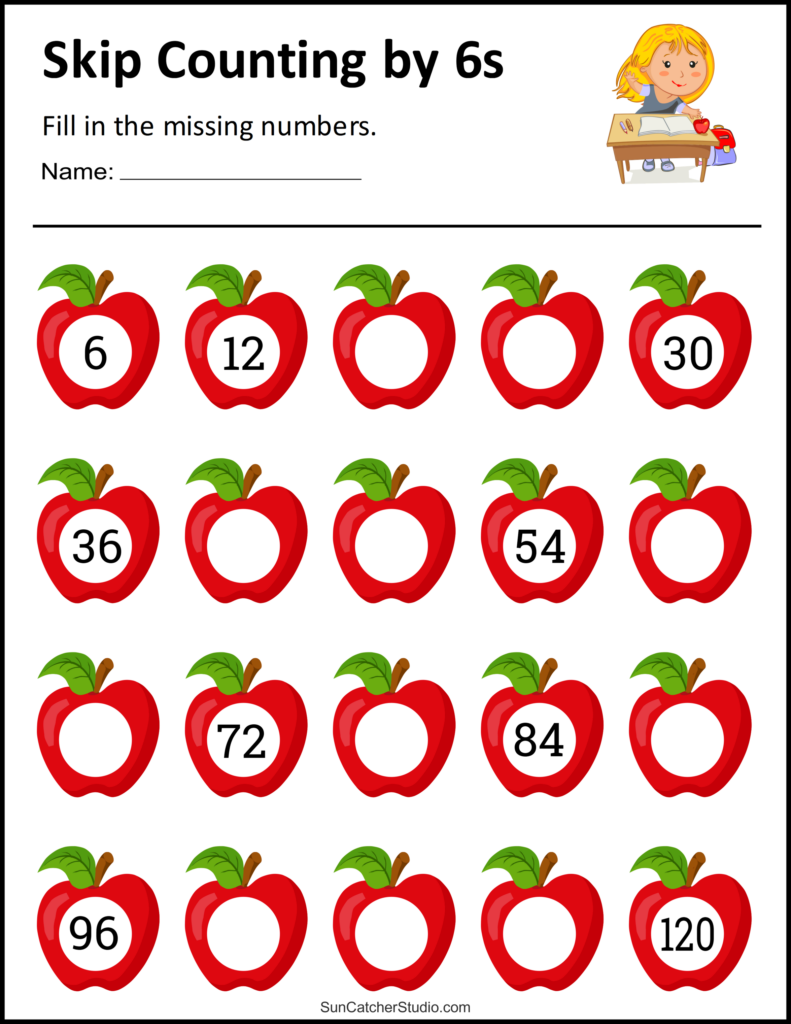 Skip Counting by 6s Worksheet for 6th Graders Colorful skip counting worksheet featuring apples for 6th graders