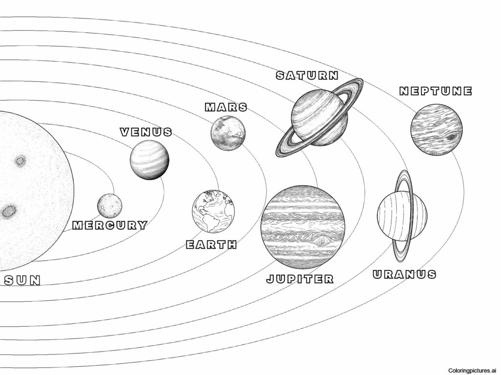 Black and white solar system coloring page featuring all planets and the sun