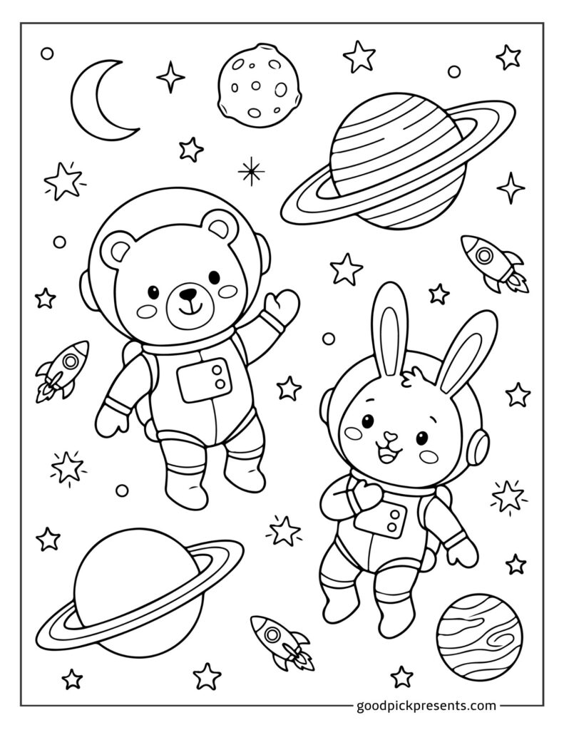 Coloring page showing a bear and bunny in space with planets and stars