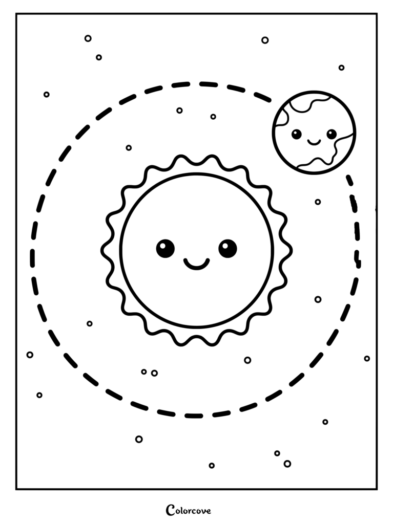 Free Solar System Coloring Pages Free featuring a smiling sun and Earth in orbit